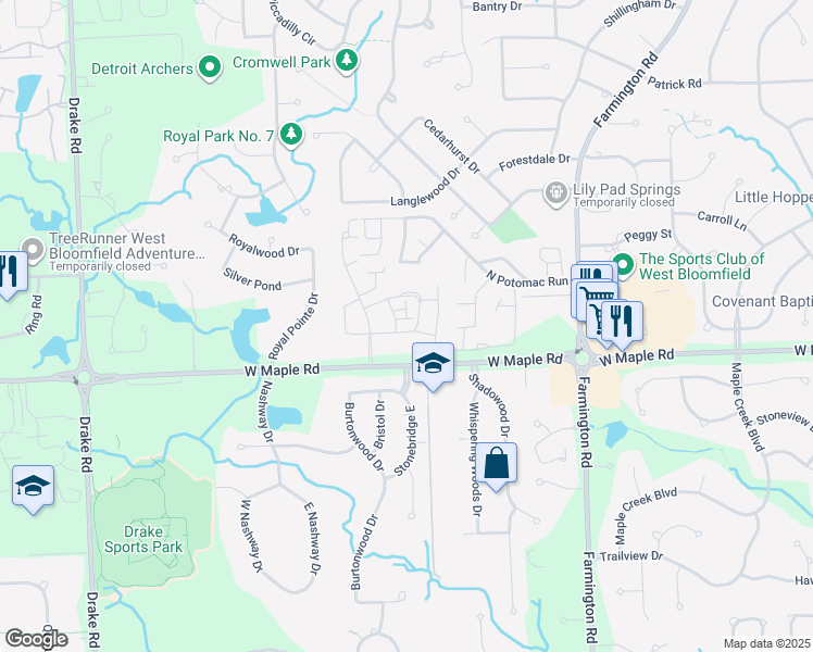 map of restaurants, bars, coffee shops, grocery stores, and more near 5416 Bentley Road in West Bloomfield Township