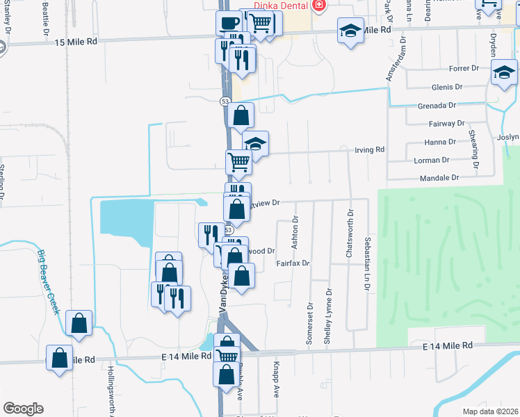 map of restaurants, bars, coffee shops, grocery stores, and more near 33815 Elford Drive in Sterling Heights