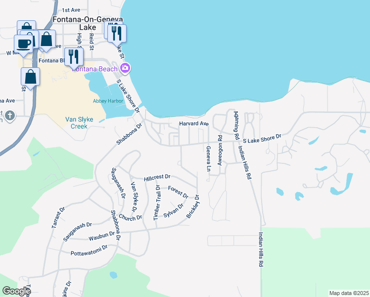 map of restaurants, bars, coffee shops, grocery stores, and more near 709 Brickley Drive in Fontana-on-Geneva Lake