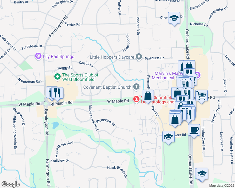 map of restaurants, bars, coffee shops, grocery stores, and more near 6475 Bauervic Boulevard in West Bloomfield Township