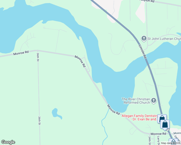 map of restaurants, bars, coffee shops, grocery stores, and more near 3507 Monroe Road in Allegan