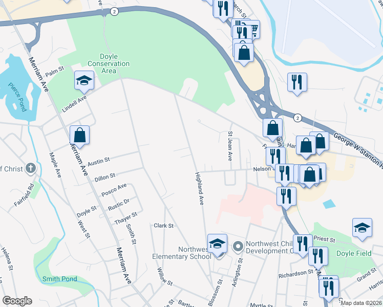 map of restaurants, bars, coffee shops, grocery stores, and more near 234 Highland Avenue in Leominster