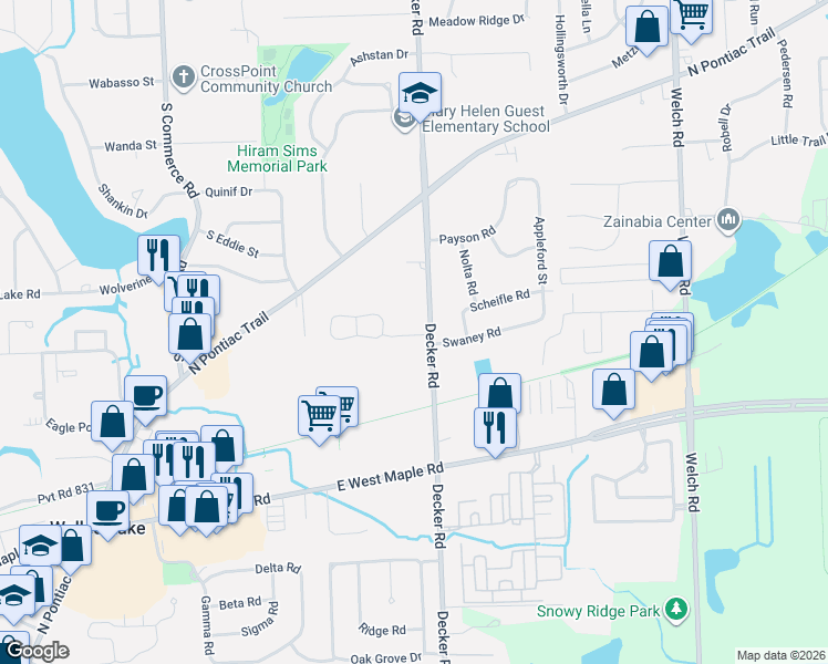 map of restaurants, bars, coffee shops, grocery stores, and more near 1649 Wimbledon Drive in Walled Lake