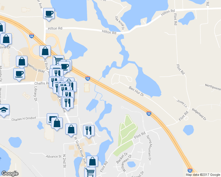 map of restaurants, bars, coffee shops, grocery stores, and more near Interstate 96 in Brighton