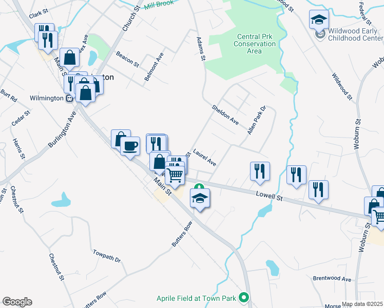 map of restaurants, bars, coffee shops, grocery stores, and more near 7 Parker Street in Wilmington