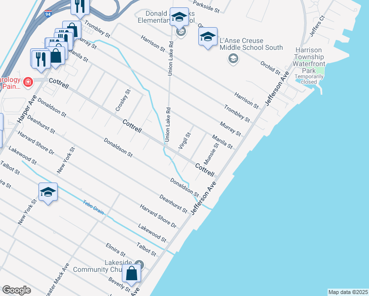 map of restaurants, bars, coffee shops, grocery stores, and more near 34324 Virgil Street in Harrison charter Township