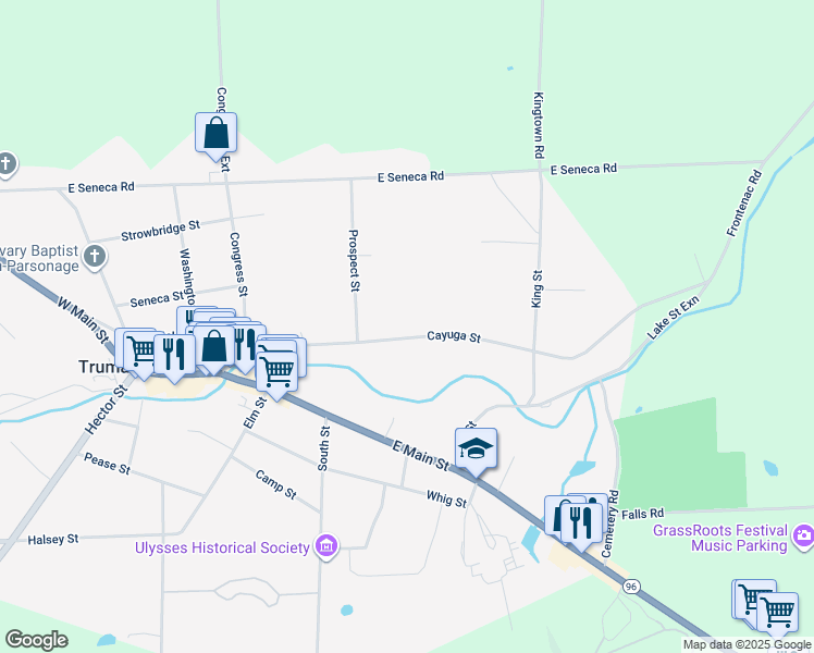 map of restaurants, bars, coffee shops, grocery stores, and more near 58 Cayuga St in Trumansburg