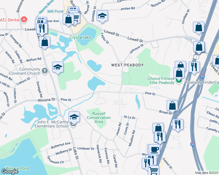 map of restaurants, bars, coffee shops, grocery stores, and more near 55 Pine Street in Peabody