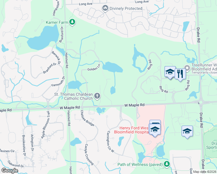 map of restaurants, bars, coffee shops, grocery stores, and more near 6888 West Maple Road in Oakland County