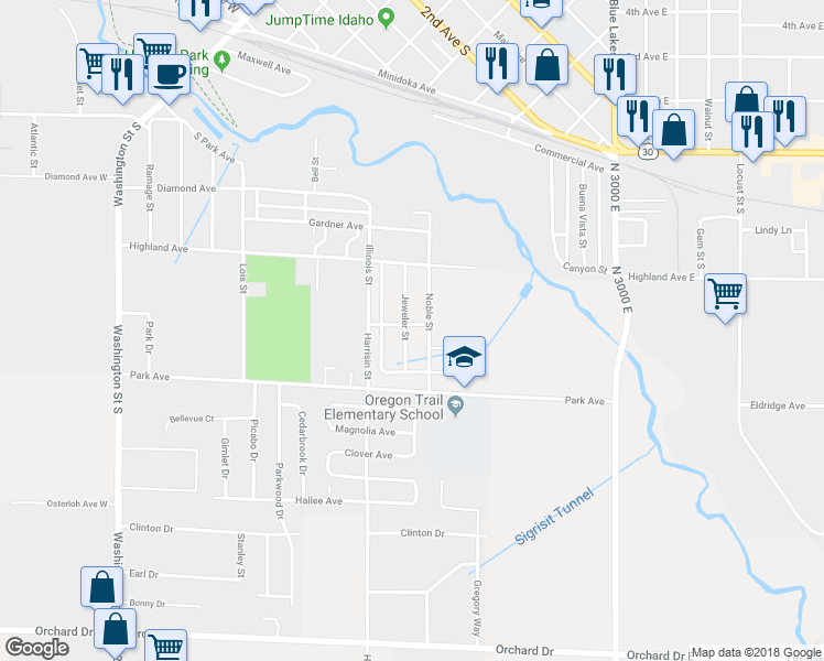 map of restaurants, bars, coffee shops, grocery stores, and more near 407 Jeweler Street in Twin Falls