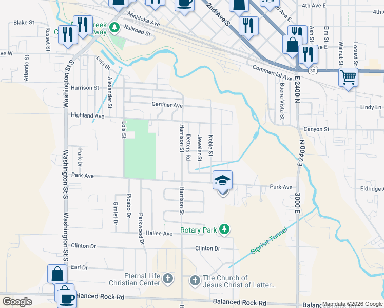 map of restaurants, bars, coffee shops, grocery stores, and more near 438 Watchmaker Street in Twin Falls