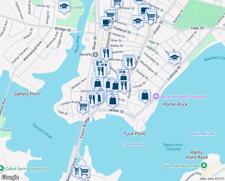 map of restaurants, bars, coffee shops, grocery stores, and more near 53 Cabot Street in Beverly