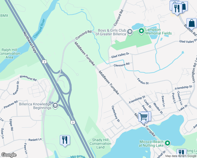 map of restaurants, bars, coffee shops, grocery stores, and more near 7 Hattie Lane in Billerica