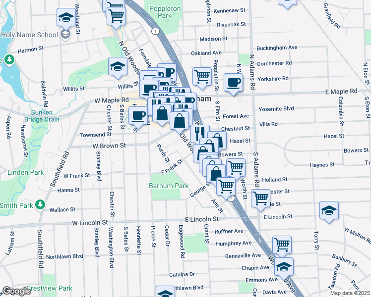 map of restaurants, bars, coffee shops, grocery stores, and more near 500 South Old Woodward Avenue in Birmingham