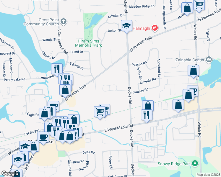 map of restaurants, bars, coffee shops, grocery stores, and more near 1560 Dover Hill South in Walled Lake