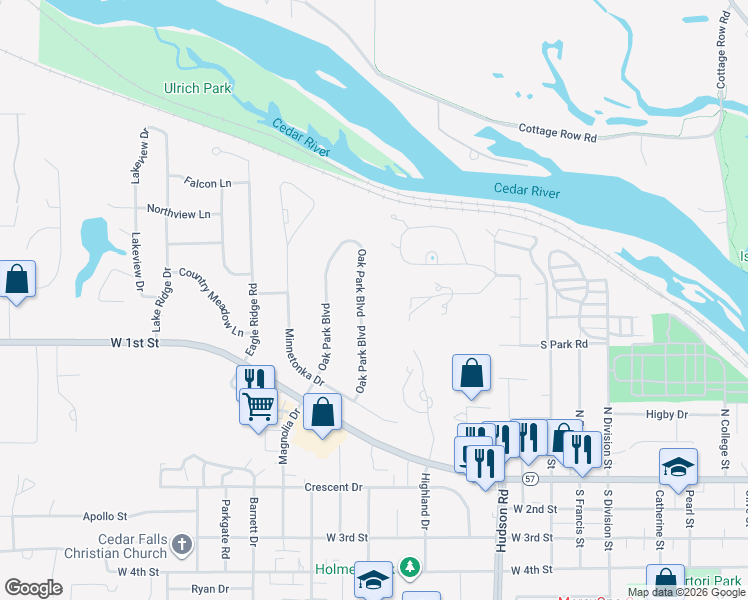 map of restaurants, bars, coffee shops, grocery stores, and more near 629 Oak Park Boulevard in Cedar Falls