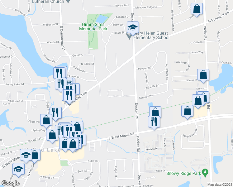 map of restaurants, bars, coffee shops, grocery stores, and more near 1560 Dover Hill South in Walled Lake