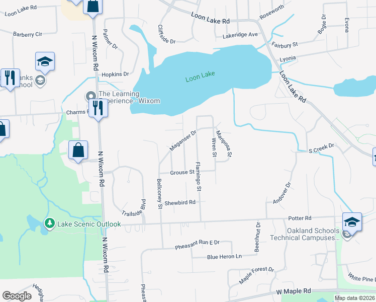 map of restaurants, bars, coffee shops, grocery stores, and more near 1442 Flamingo in Wixom