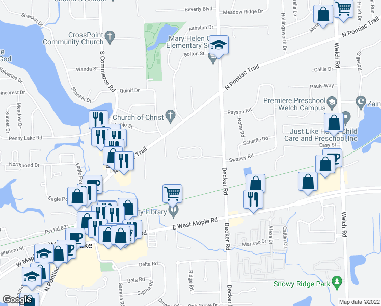 map of restaurants, bars, coffee shops, grocery stores, and more near 1560 Dover Hill South in Walled Lake