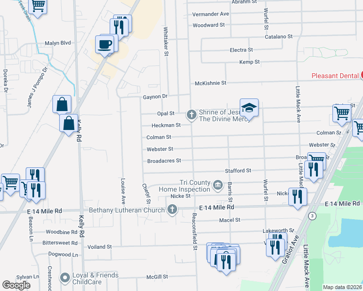 map of restaurants, bars, coffee shops, grocery stores, and more near 19550 Webster Street in Clinton Township