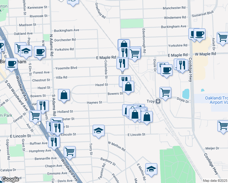 map of restaurants, bars, coffee shops, grocery stores, and more near 1875 Bowers Street in Birmingham