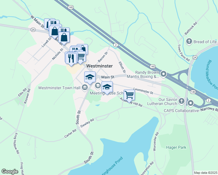 map of restaurants, bars, coffee shops, grocery stores, and more near 9 Academy Hill Road in Westminster