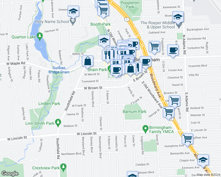map of restaurants, bars, coffee shops, grocery stores, and more near 551 South Bates Street in Birmingham
