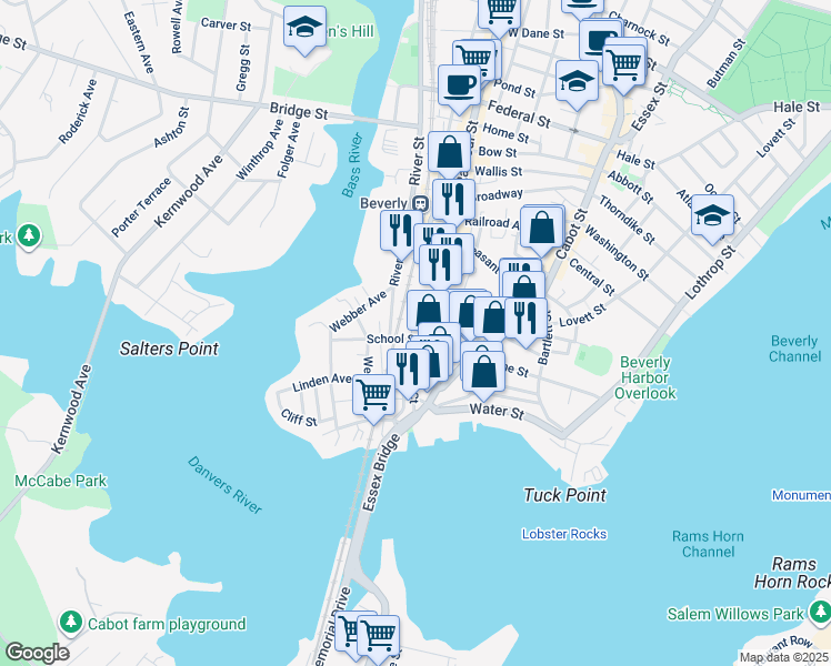 map of restaurants, bars, coffee shops, grocery stores, and more near 25 Cox Court in Beverly