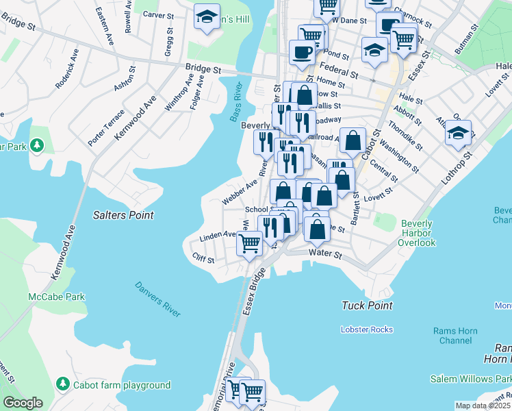 map of restaurants, bars, coffee shops, grocery stores, and more near 31 Ellingwood Court in Beverly