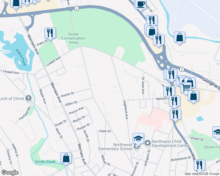 map of restaurants, bars, coffee shops, grocery stores, and more near 234 Highland Avenue in Leominster