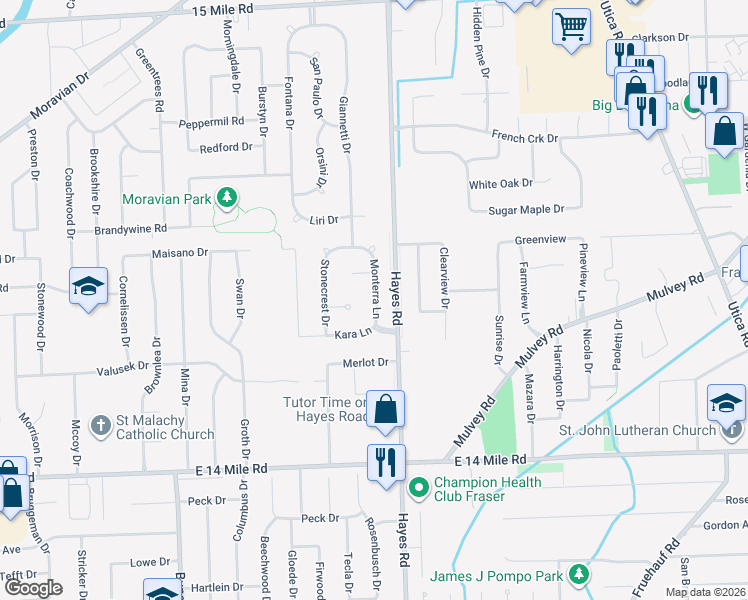 map of restaurants, bars, coffee shops, grocery stores, and more near 33613 Monterra Lane in Sterling Heights