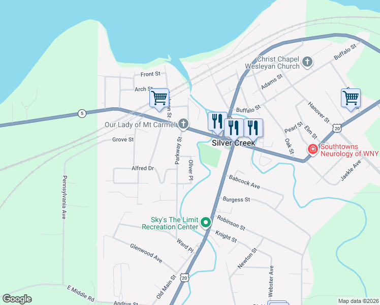 map of restaurants, bars, coffee shops, grocery stores, and more near 26 Burgess Street in Silver Creek