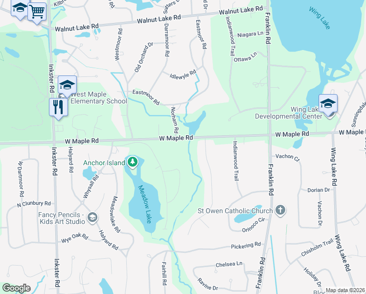 map of restaurants, bars, coffee shops, grocery stores, and more near 6791 Crestway Drive in Bloomfield Hills
