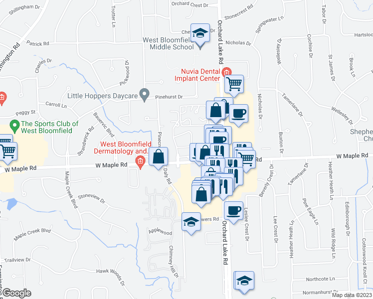 map of restaurants, bars, coffee shops, grocery stores, and more near 4196 Colorado Lane in West Bloomfield Township
