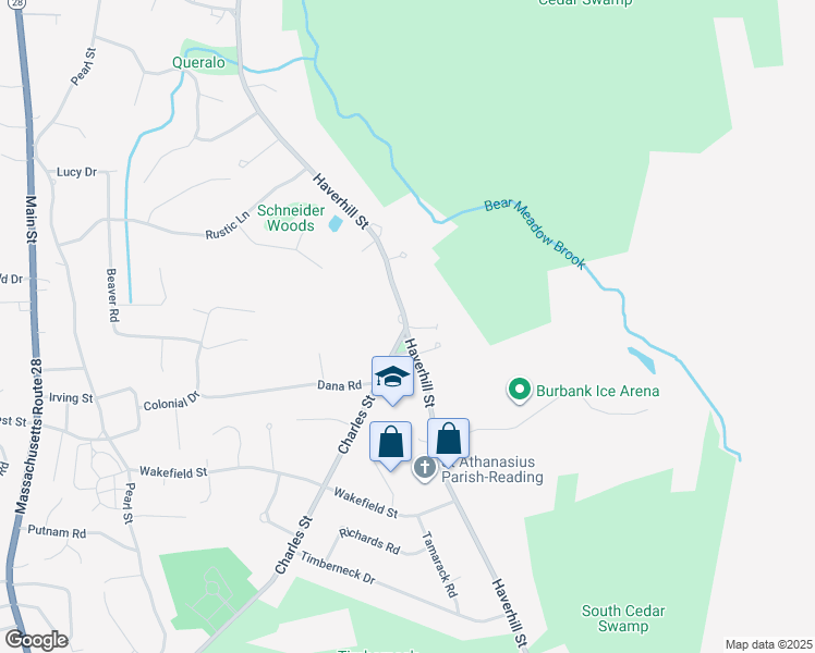 map of restaurants, bars, coffee shops, grocery stores, and more near 379 Haverhill Street in Reading