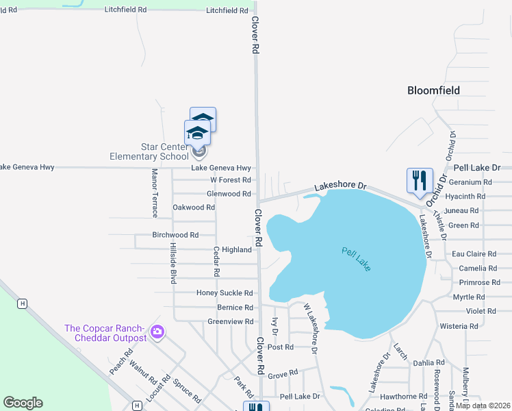 map of restaurants, bars, coffee shops, grocery stores, and more near 1453 Clover Road in Genoa City