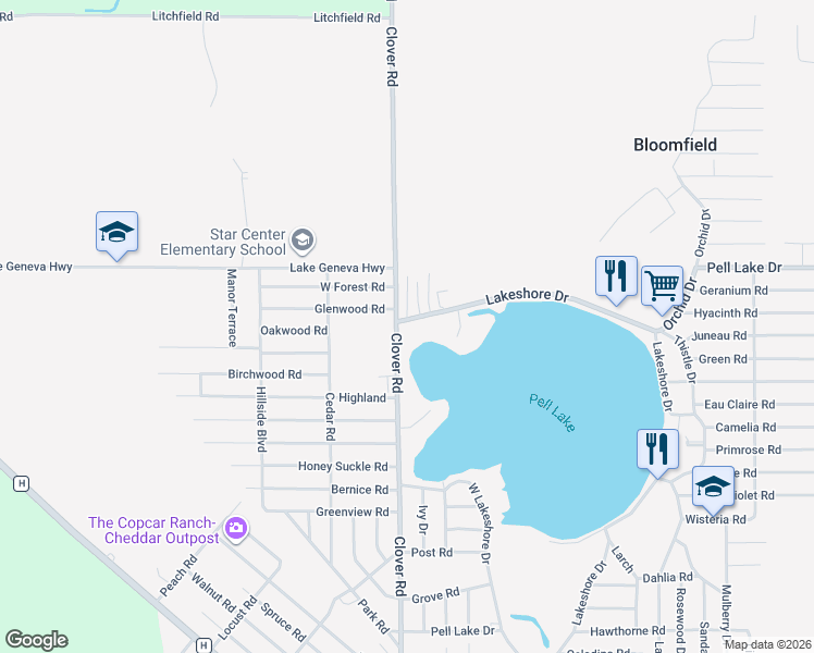 map of restaurants, bars, coffee shops, grocery stores, and more near 1453 Clover Road in Genoa City