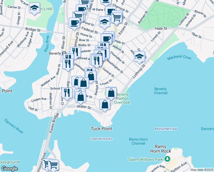 map of restaurants, bars, coffee shops, grocery stores, and more near 15 Fossa Terrace in Beverly