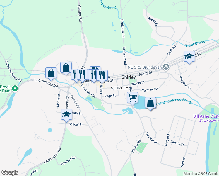 map of restaurants, bars, coffee shops, grocery stores, and more near 18 Page Street in Shirley
