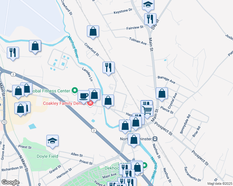 map of restaurants, bars, coffee shops, grocery stores, and more near 23 Crawford Street in Leominster