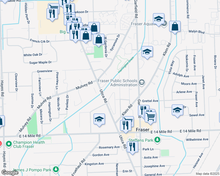 map of restaurants, bars, coffee shops, grocery stores, and more near 33400 Utica Road in Fraser