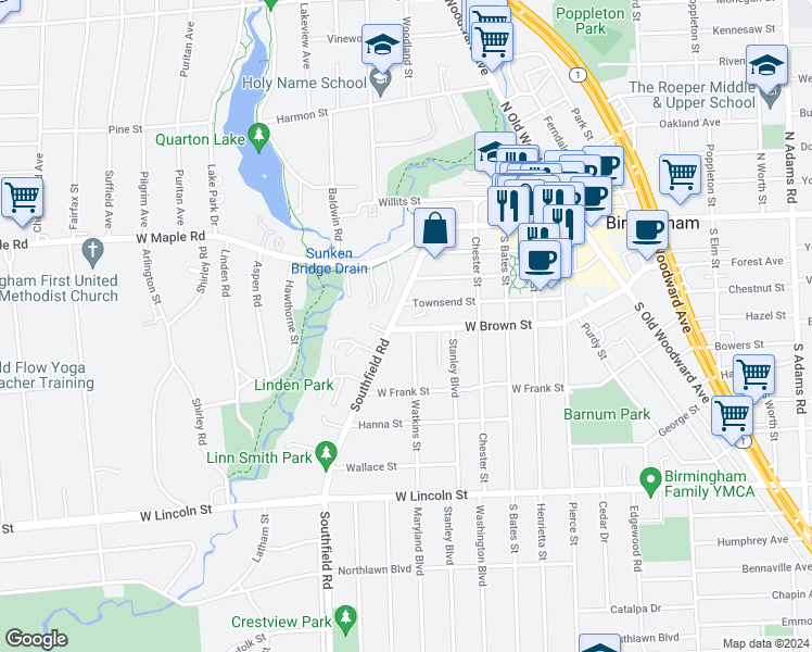 map of restaurants, bars, coffee shops, grocery stores, and more near 547 Southfield Road in Birmingham