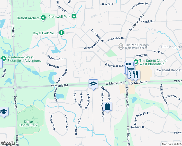 map of restaurants, bars, coffee shops, grocery stores, and more near 5236 Bentley Road in West Bloomfield Township