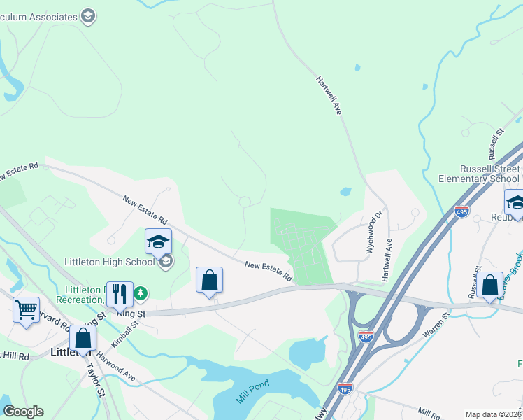 map of restaurants, bars, coffee shops, grocery stores, and more near 5 Uplands Road in Littleton