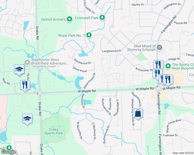 map of restaurants, bars, coffee shops, grocery stores, and more near 6445 Royal Pointe Drive in West Bloomfield Township