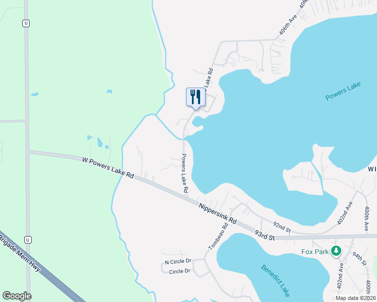 map of restaurants, bars, coffee shops, grocery stores, and more near N1460 Powers Lake Road in Genoa City