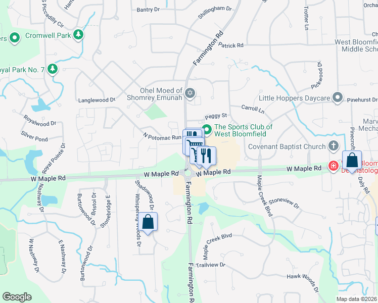 map of restaurants, bars, coffee shops, grocery stores, and more near 6096 Farmington Road in West Bloomfield Township