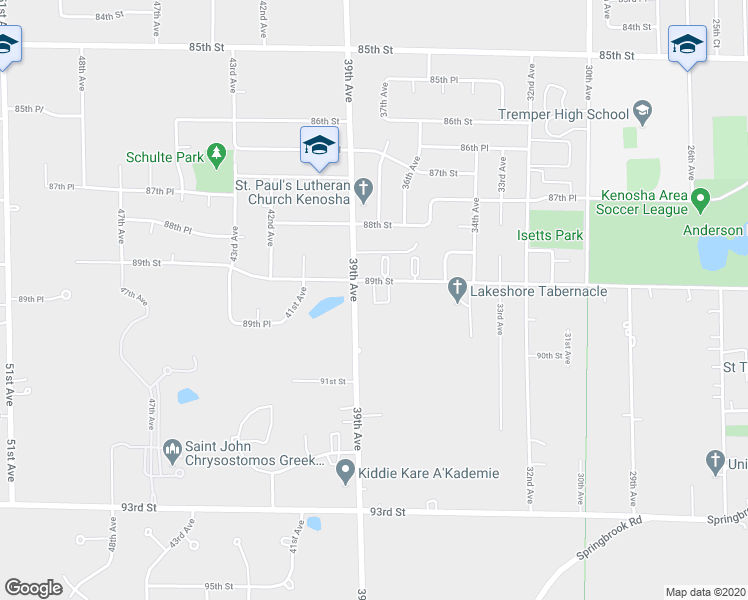 map of restaurants, bars, coffee shops, grocery stores, and more near 3825 89th Street in Kenosha