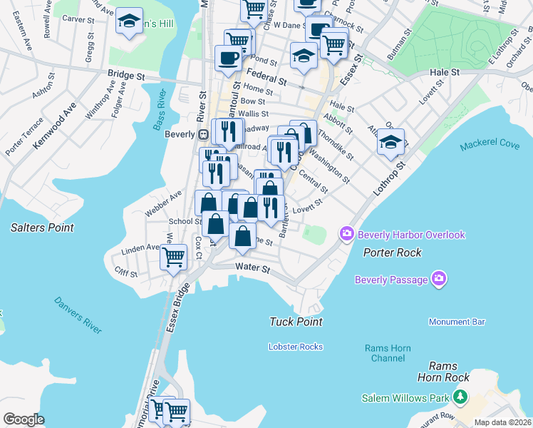 map of restaurants, bars, coffee shops, grocery stores, and more near 69 Cabot Street in Beverly