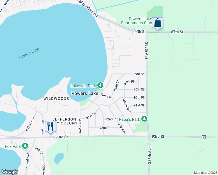 map of restaurants, bars, coffee shops, grocery stores, and more near 8940 Lake Park Drive in Genoa City